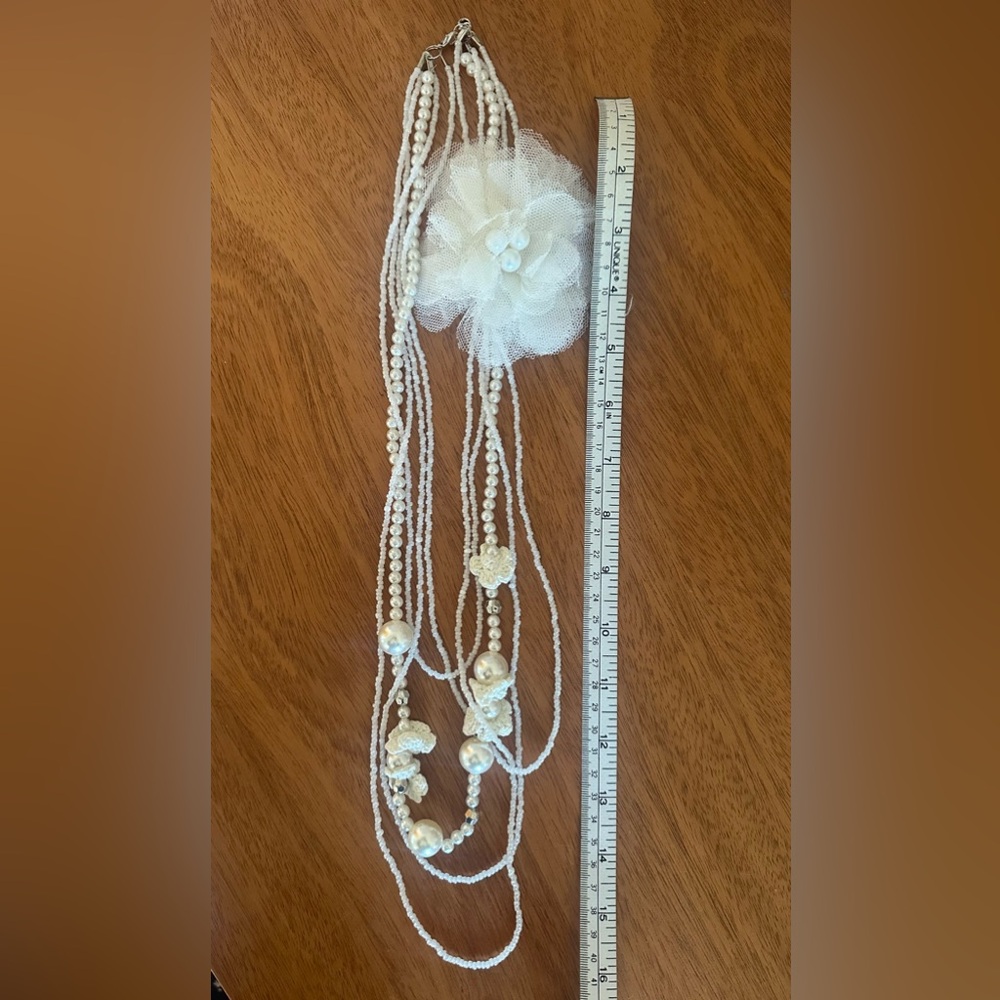 Multi-Strand Pearl Lace Crochet Flower Long White Layered Necklace
